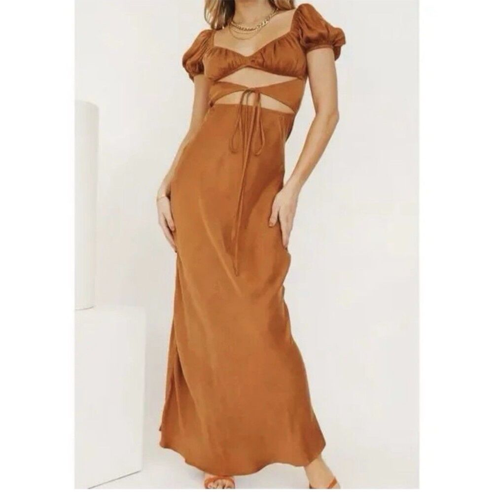 VRG GRL Verge Girl Au Revoir Maxi Dress Rust Satin Cutout Puff Sleeve AU8 US4